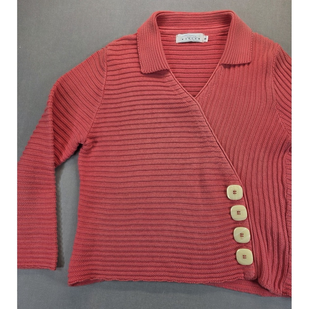 Willow Textured Knit Asymmetrical Sweater‎ Small Coral Pink Cottage Artsy Retro